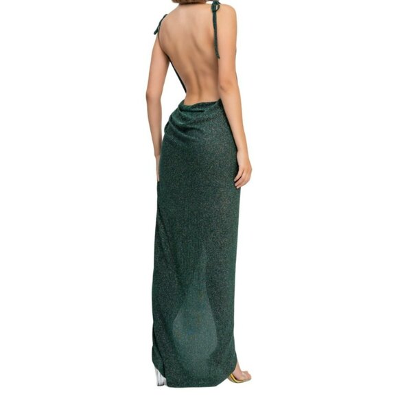KikiRiki Open Back Wrap Crossover Sparkle Maxi Dress Green Size Medium NWT - Picture 2 of 3